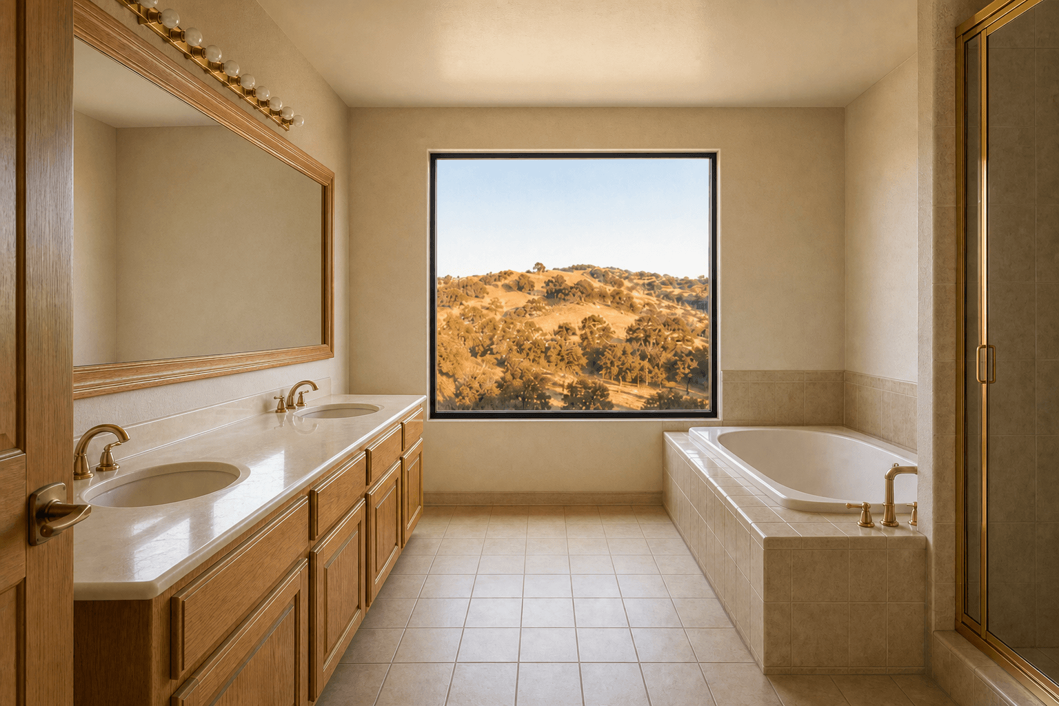 Dated 2000s Folsom primary bath with an oak vanity and beige tile before remodel