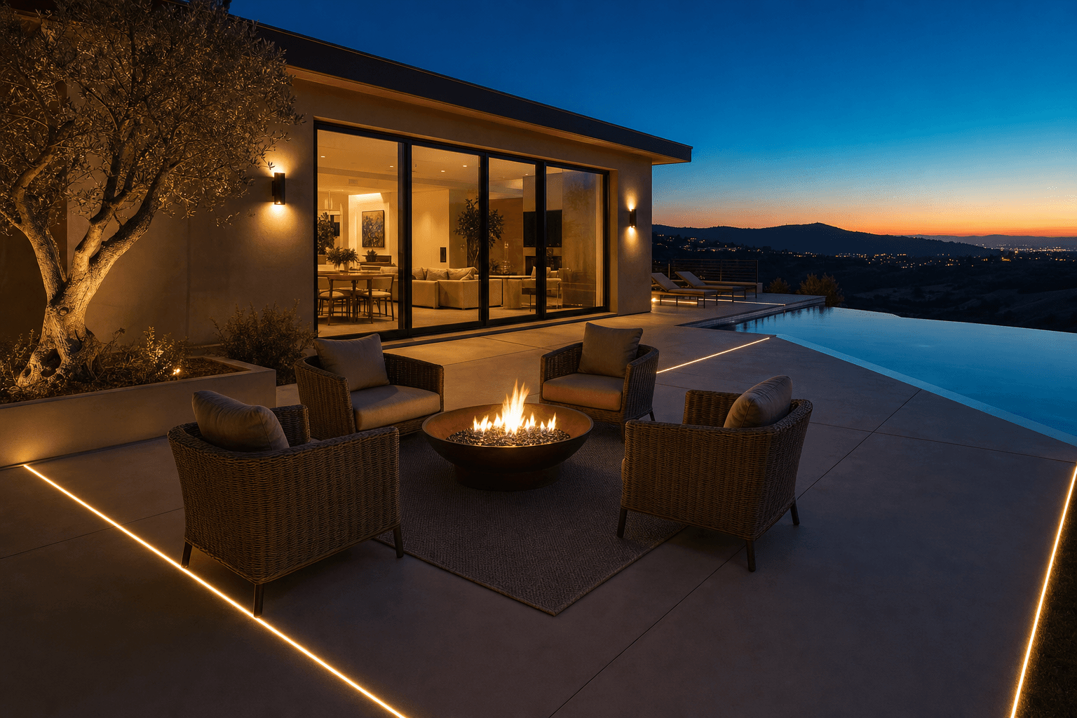 Modern smooth-finish concrete patio with recessed warm-white LED channels at dusk