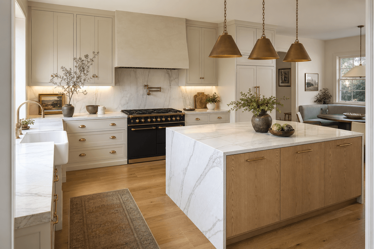Cream shaker kitchen with plaster hood and soapstone counters