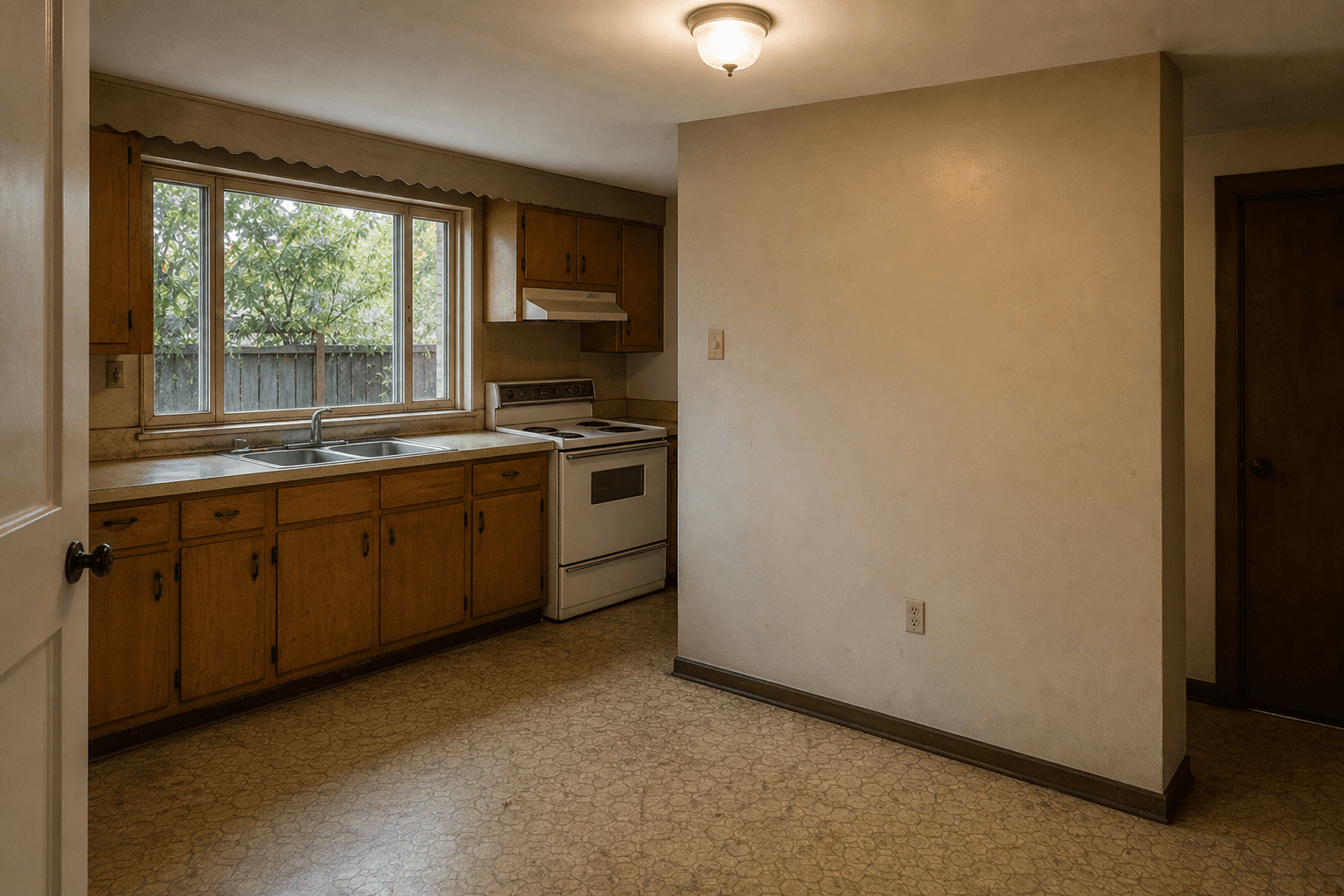 Closed-off 1960s Carmichael galley kitchen with oak cabinets before remodel