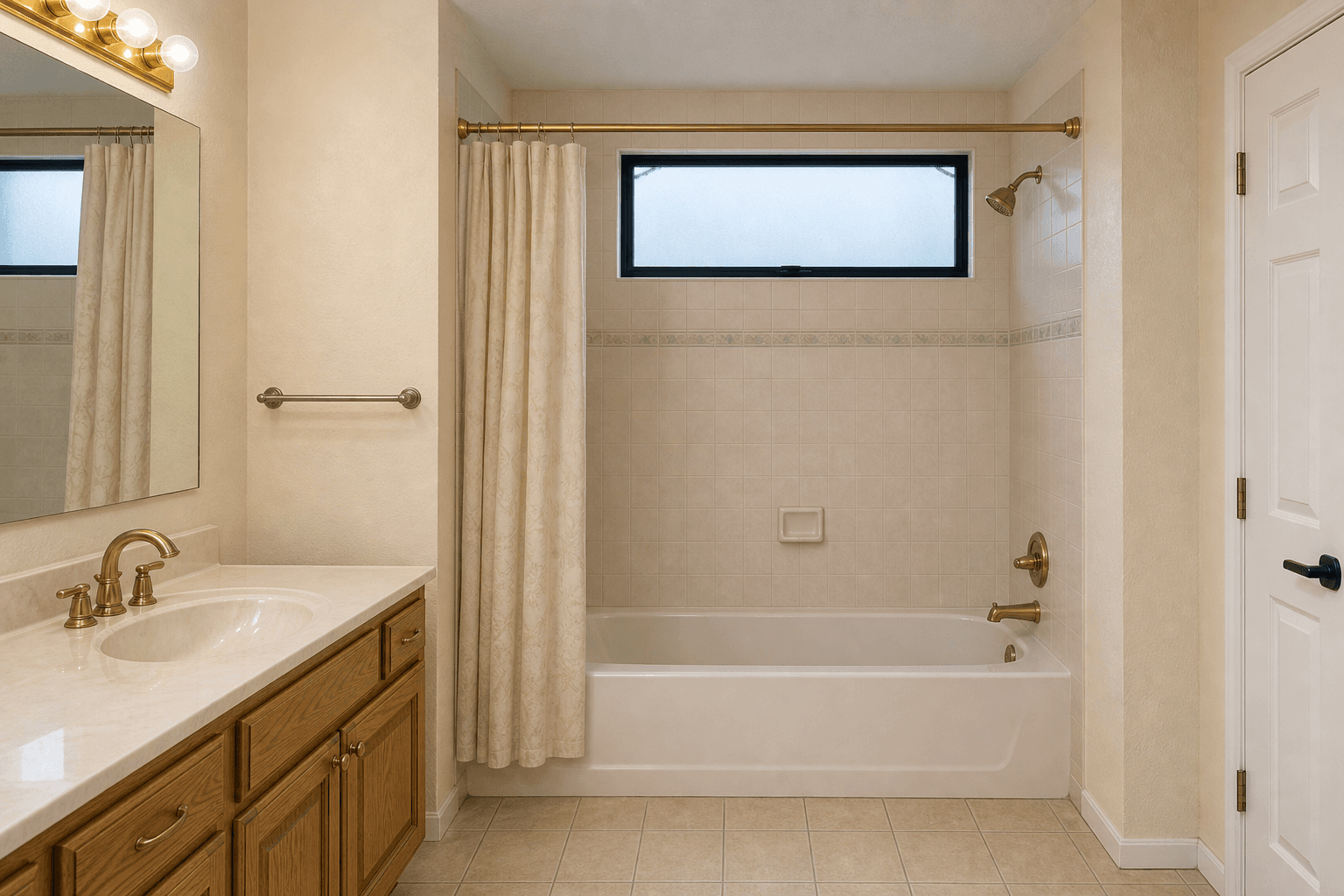 Dated alcove tub in a 1990s Sacramento bathroom before remodel