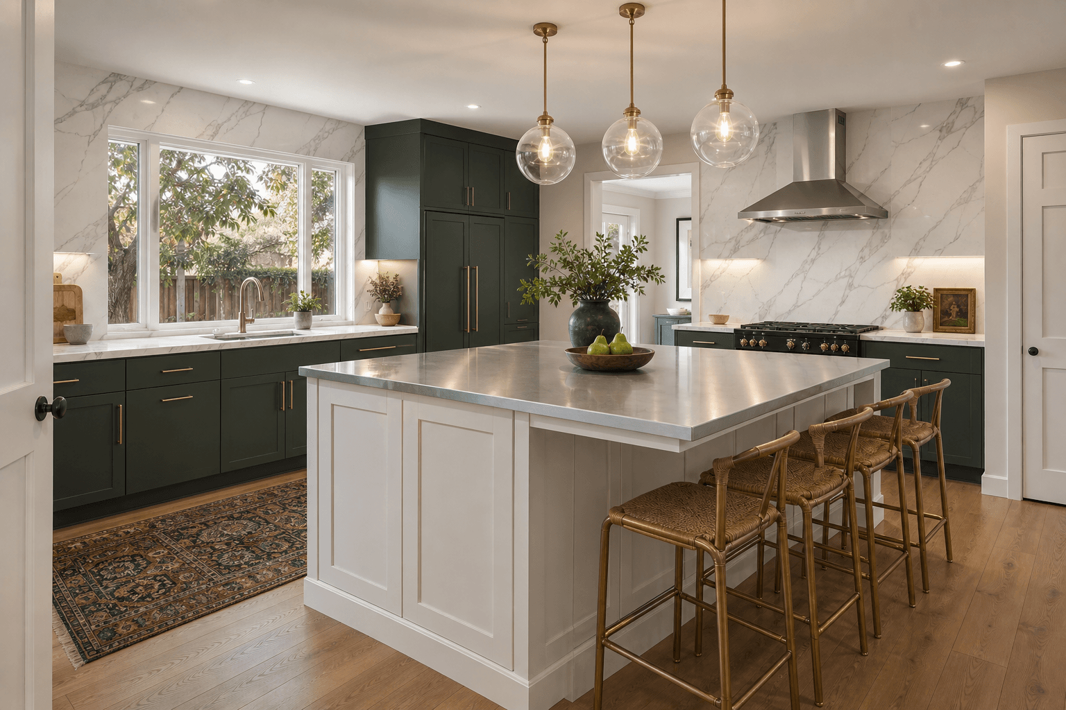 Forest-green galley kitchen · Carmichael