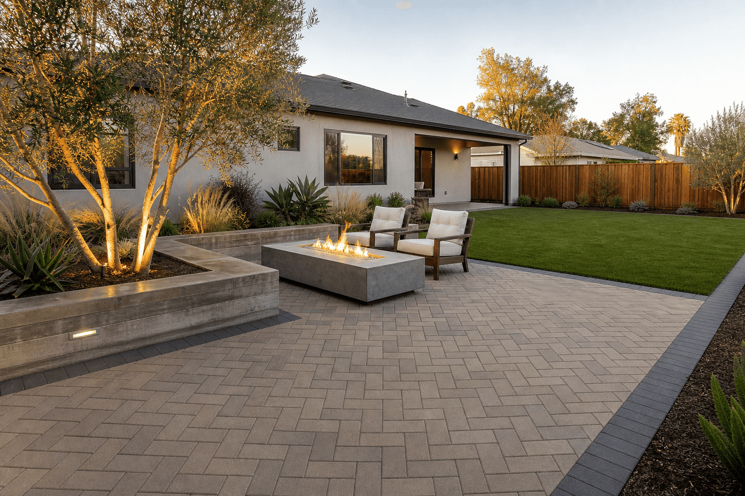 Herringbone paver patio with a charcoal border, board-formed seat wall, linear fire pit, and artificial turf